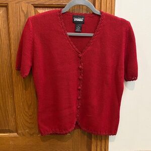 Vintage Cherry Red Cotton Blend Cardigan Medium Crochet Detail Cottagecore Boho